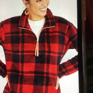 Maurices Red and Black Plaid Teddy Jacket